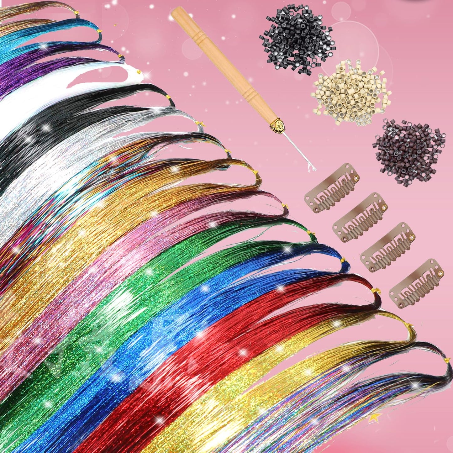 Hair Tinsel Kit 20 Colors 4800 Strands Fairy Hair Tinsel Heat Resistant 48 Inches Glitter Tinsel Hair Extensions Highlights Sparkling Hair Tinsel Kit for Girls Hair Accessories Party Festival