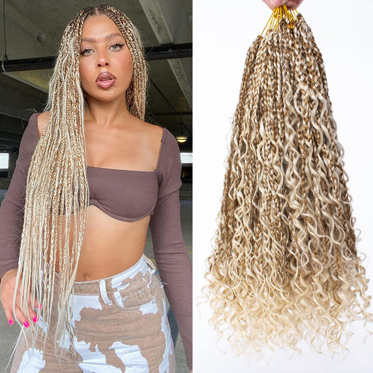 Unionbeauty 18 Inch Boho Box Braids Crochet Hair Pre-looped 8 PCS Goddess Box Braids Crochet Hair Curly Ends Mix Blonde Bohemian Hippie Crochet Braids Synthetic Braiding Hair for Black Woman M27/613#