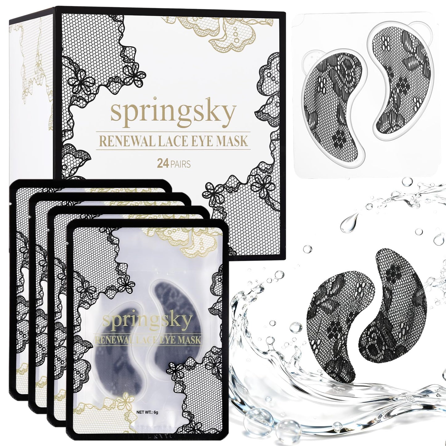 SPRINGSKY Under Eye Patches,Lace Eye Mask for Puffy Eyes and Dark Circles,Collagen Skin Care Products,Hydrating,Smoothing,Anti-Aging Eye Patch for Under Eye Bags（24 Pairs）