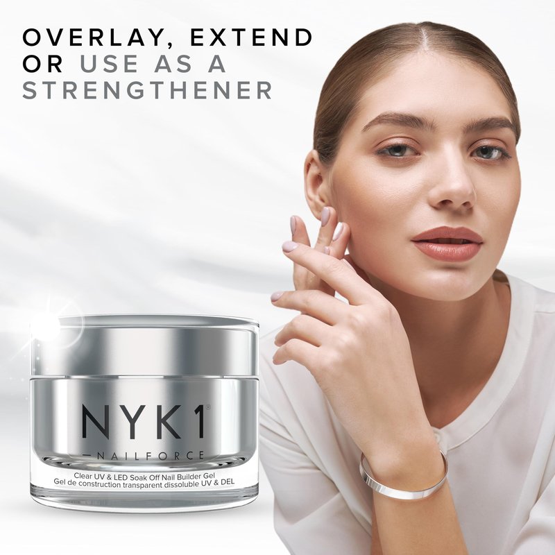 NYK1 Strengthening Clear Builder Gel For Nails (.5 Fl Oz / 15ml) NailForce Hard Gel For Nails Strengthener For Tips, Extensions & Repairs - UV & LED Sculpting Nail Builder With Free Application Brush