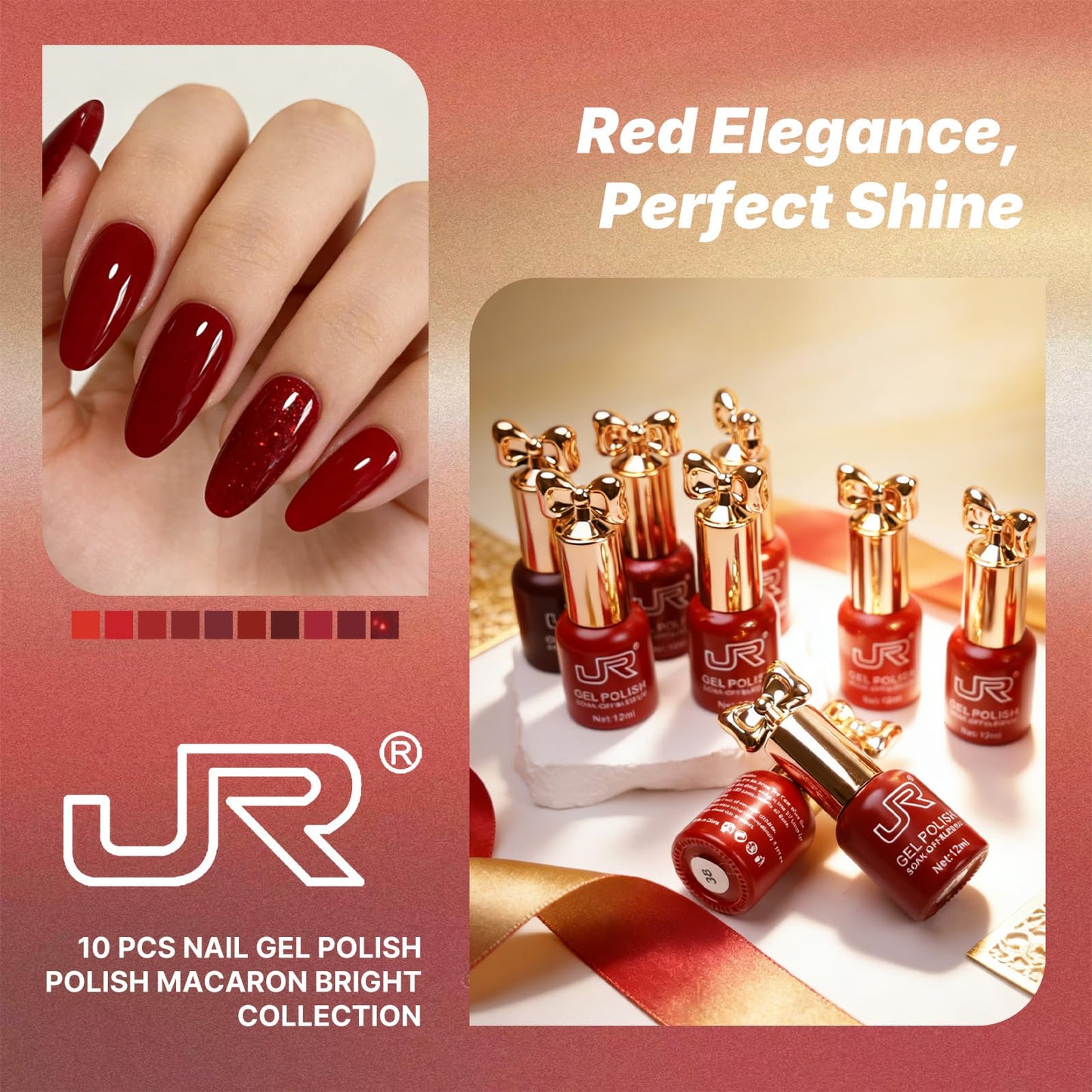 JR 12ml 10colors HEMA Free Red Gel Nail Polish Set Long Lasting Soak off UV Gel Polish Kit Nail Art DIY Manicure Salon Home Gifts for Women D Model