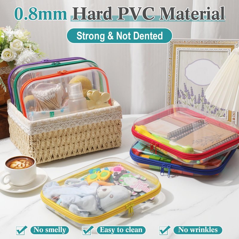 Sanwuta 6 Pcs Clear Hard Zipper Case Plastic Zipper Pouches Transparent Makeup Bag Pencil Case Pouches Toiletry Diaper Bag for Travel Toy Storage Organizer Bins