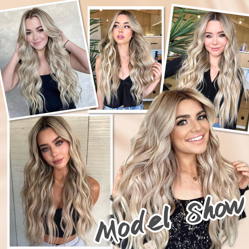 NAYOO Long Wavy Blonde Wig for Women - 26 Inch Ash Blonde Ombre Wig with Dark Roots, Natural Looking Dirty Blonde Ombre Wig, Middle Part Heat Resistant Fiber Wig for Daily Wear Party Cosplay