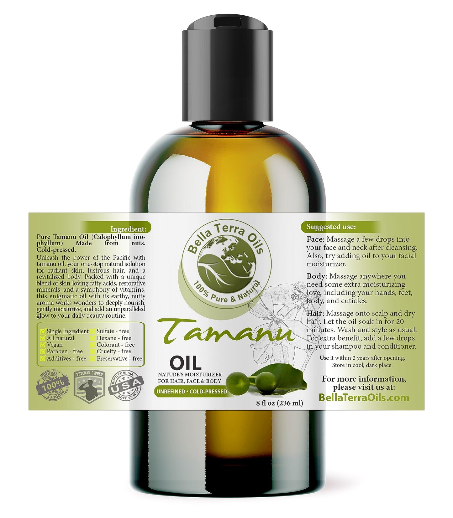 Bella Terra Oils - Natural Tamanu Oil 8 oz - Treasure Chest of Skin Nourishment, High in Vitamin E & Fatty Acids, Enhance Your Skin's Natural Glow