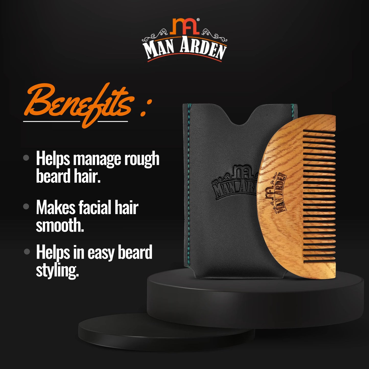 Man Arden Pure Neem Wooden Pocket Size Beard Comb with Premium Faux Leather Pouch