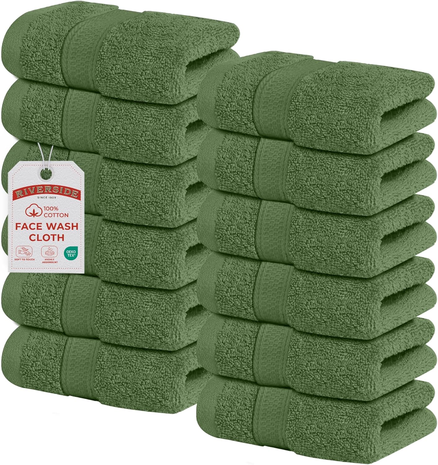Riverside 12-Pack Cotton Sage Green Face Towels | Soft & Absorbent 550 GSM Washcloths for Bathroom, Spa & Gym