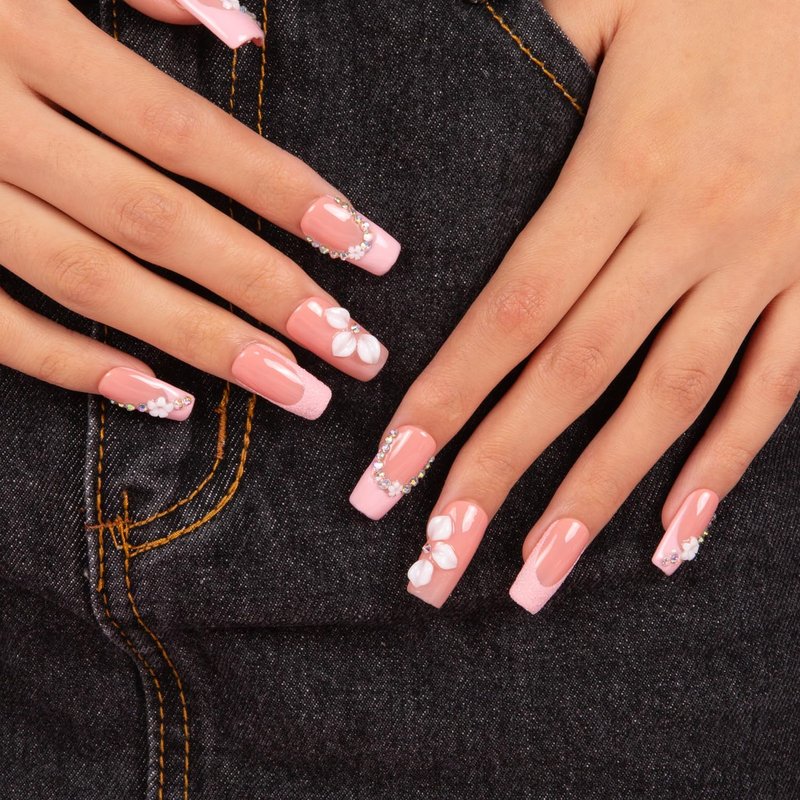 LOVFUL Press on Nails Pink Lady Handmade | Handmade with Full Covered Crystals | Reusable Fake Nails | Square Regular 1.0 in | H281-M