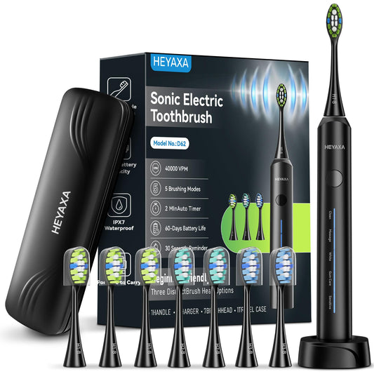 Sonic Electric Toothbrush, Dad Gifts, Gifts for Men, Birthday Gifts for Men, 60-Day Battery Life Rechargeable Power Toothbrush with 5 Modes, 2-Min Smart Timer, 7 Brush Heads & Travel Case (Black)