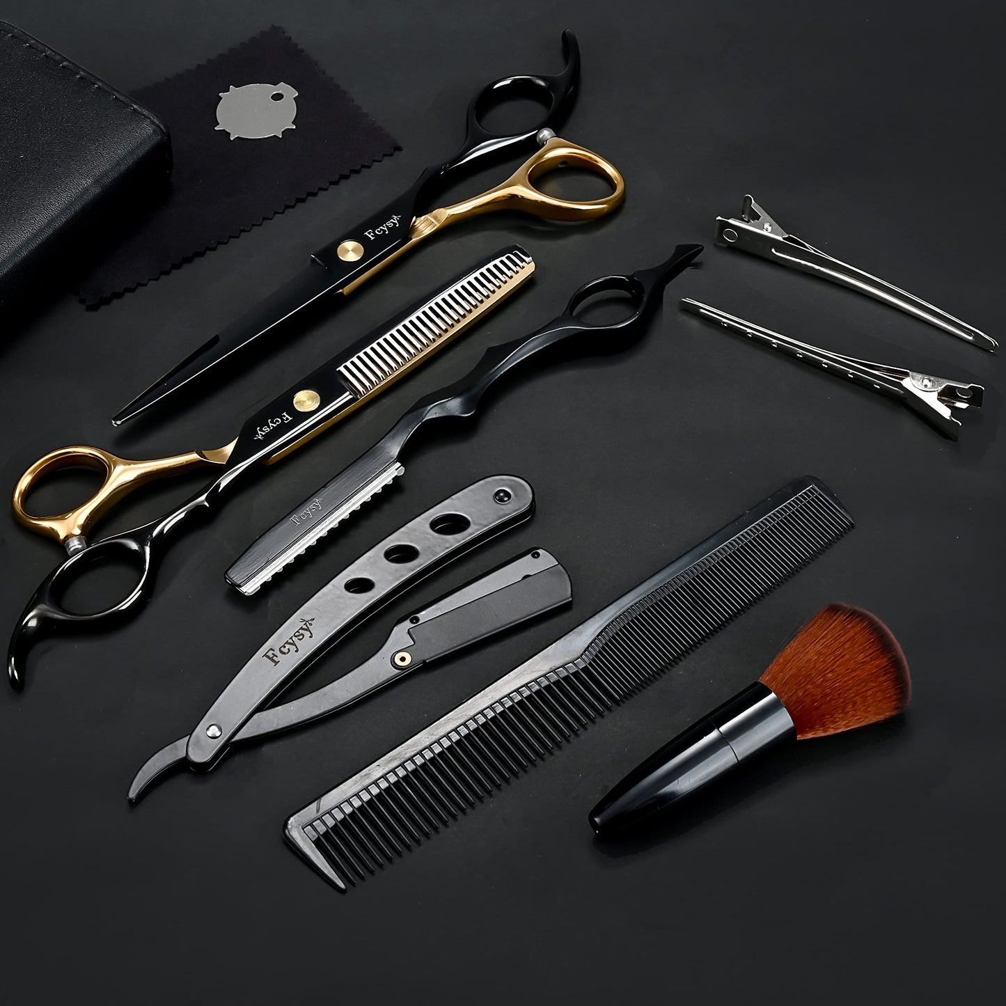 Hair Cutting Scissors Thinning Shears Kit for Haircutting, Fcysy Professional Barber Scissors Set, Black Haircut Scissor Blending Shears Straight Edge Razor Barber Supplies for Men Women