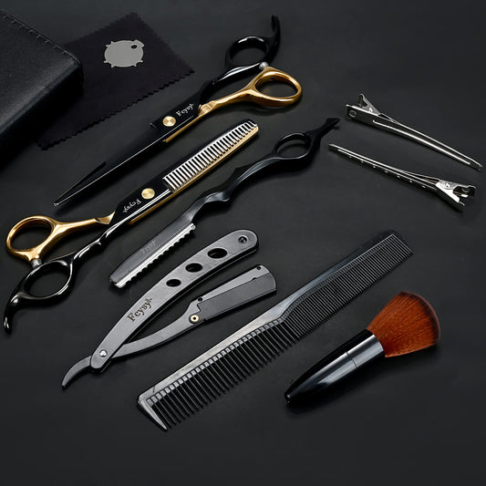 Hair Cutting Scissors Thinning Shears Kit for Haircutting, Fcysy Professional Barber Scissors Set, Black Haircut Scissor Blending Shears Straight Edge Razor Barber Supplies for Men Women