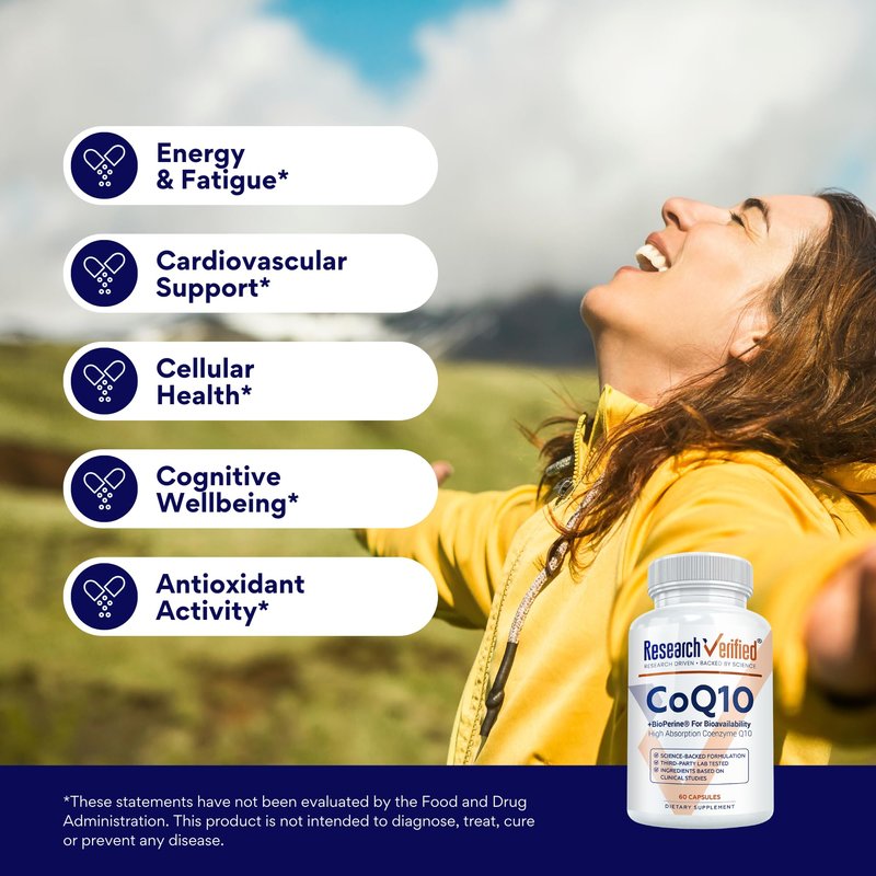 Research Verified CoQ10-100% Pure Extra Strength 300mg CoQ10 – Improved Absorption and Bioavailability with Bioperine - Boost Antioxidant Levels, Improve Cardiovascular Health, 60 Vegan Capsules