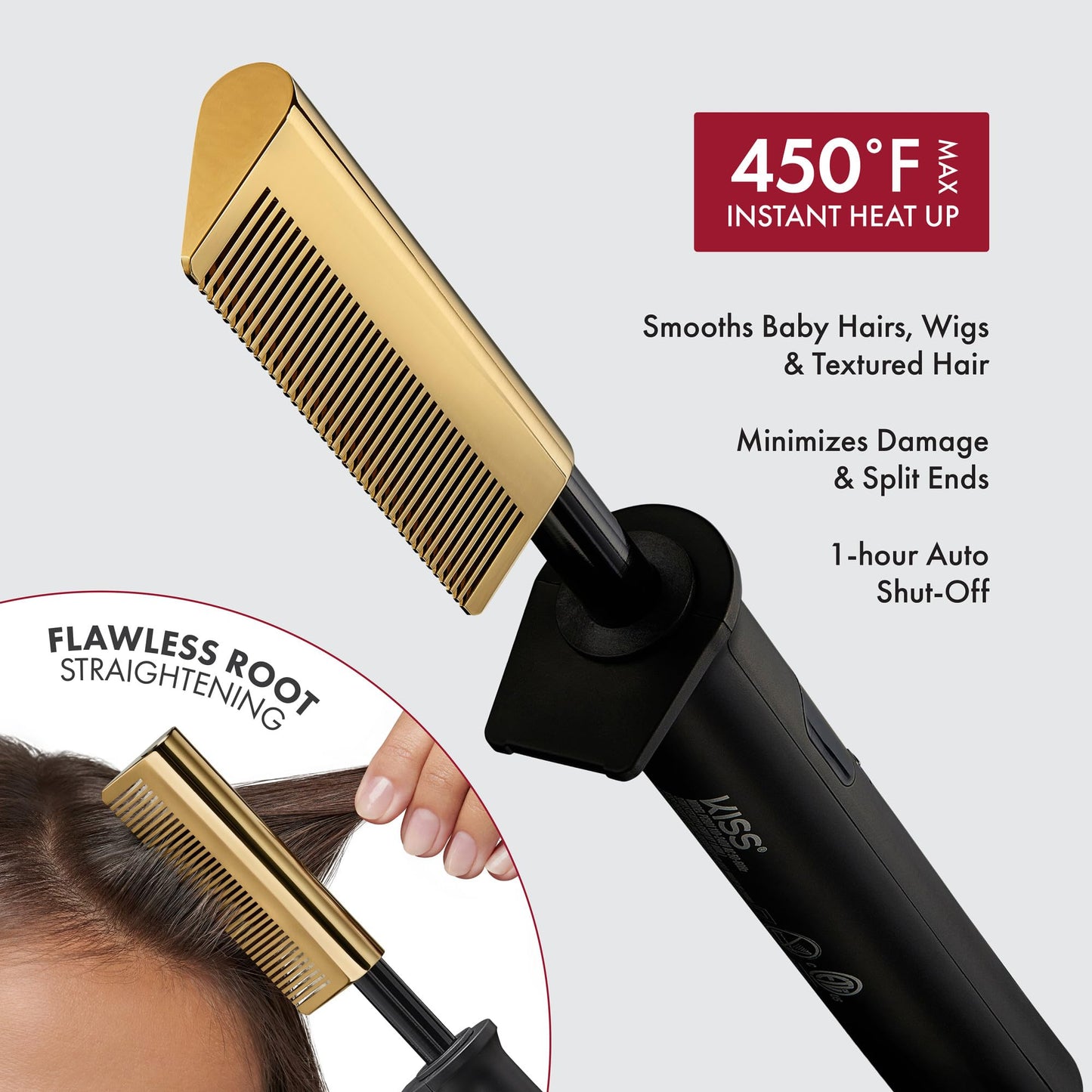 KISS Professional Pressing Comb with Polished Gold Smoothing Comb, Safety Stand, Digital LED Temperature Display, & Tangle Free 360° Swivel Cord