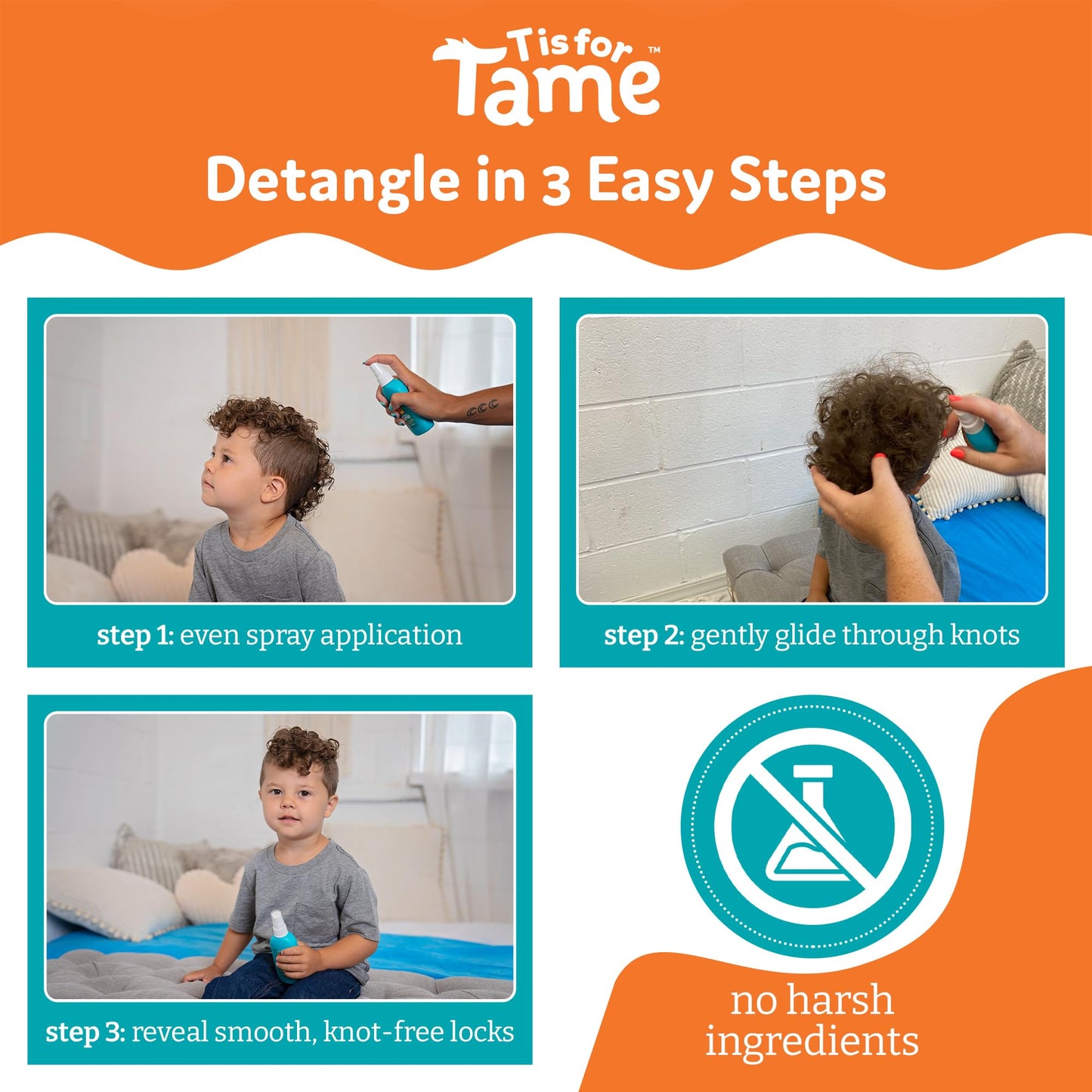 T is for Tame - Natural Hair Taming & Conditioning Spray for Kids and Babies - Tames Knots, Frizz & Detangles, Made in the USA - All Hair Types Including Curly - 4.2 fl oz (2 Pack) - Made in the USA