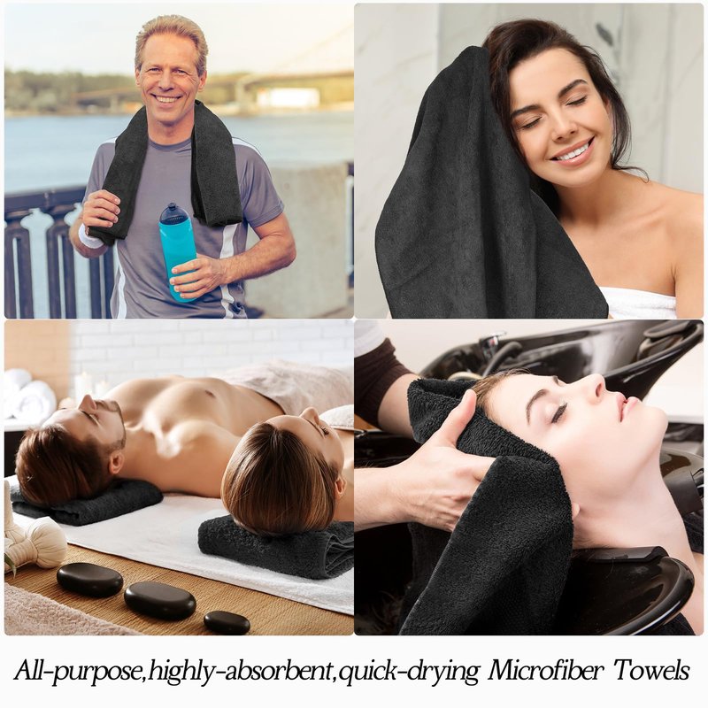 Shimeyao 24 Pack Bleach Proof Towels Microfiber Absorbent Resistant Hair Hand Towels Bulk Quick Dry for Barber Gym Bath Spa Shaving (Black,16 x 29 Inch)