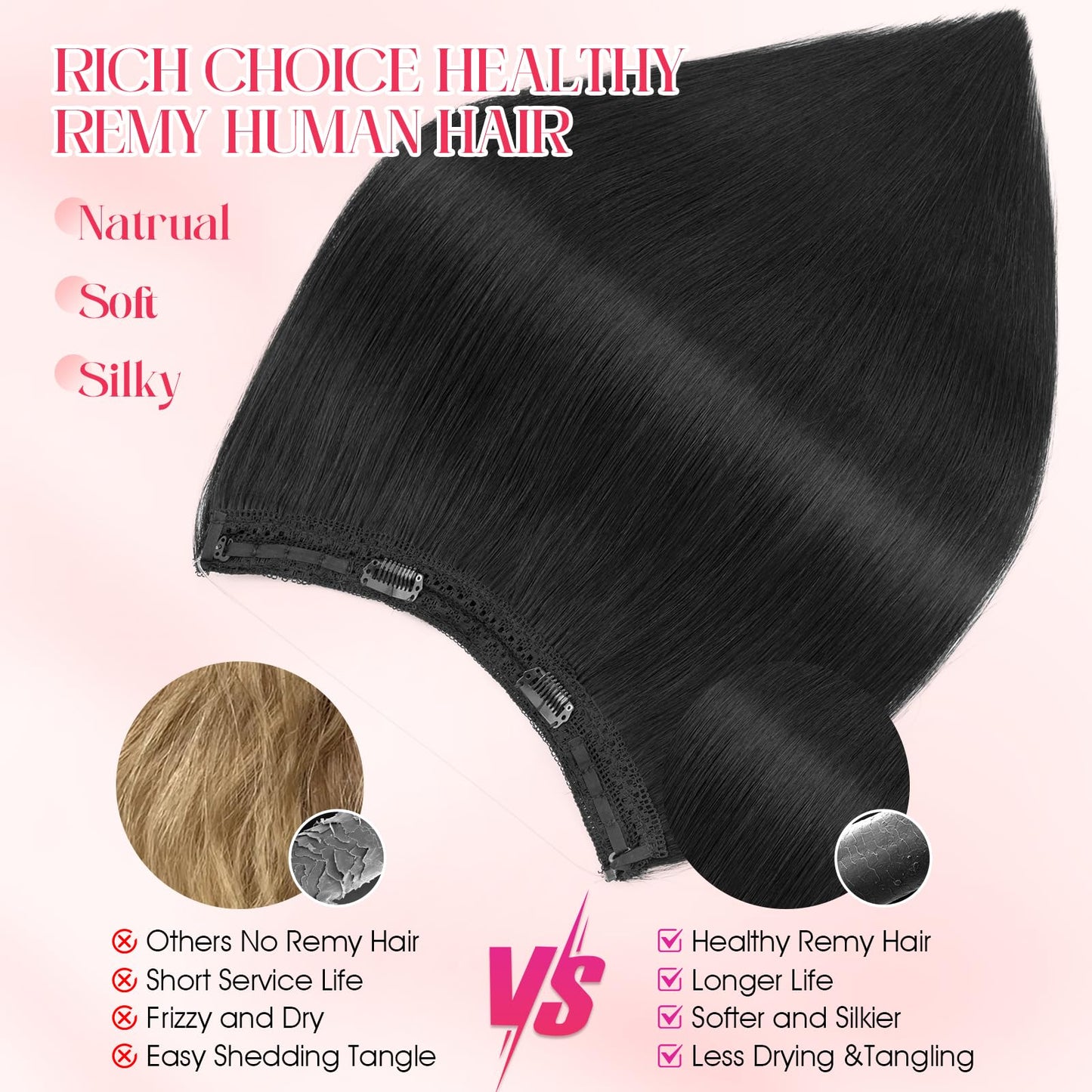 Rich Choices 100% Real Human Halo Hair Extensions for Women Remy Halo Extension Invisible Wire Hairpiece Clip in One Piece Hairpiece Upgrade Adds Weight 65g 12 Inch #01 Jet Black