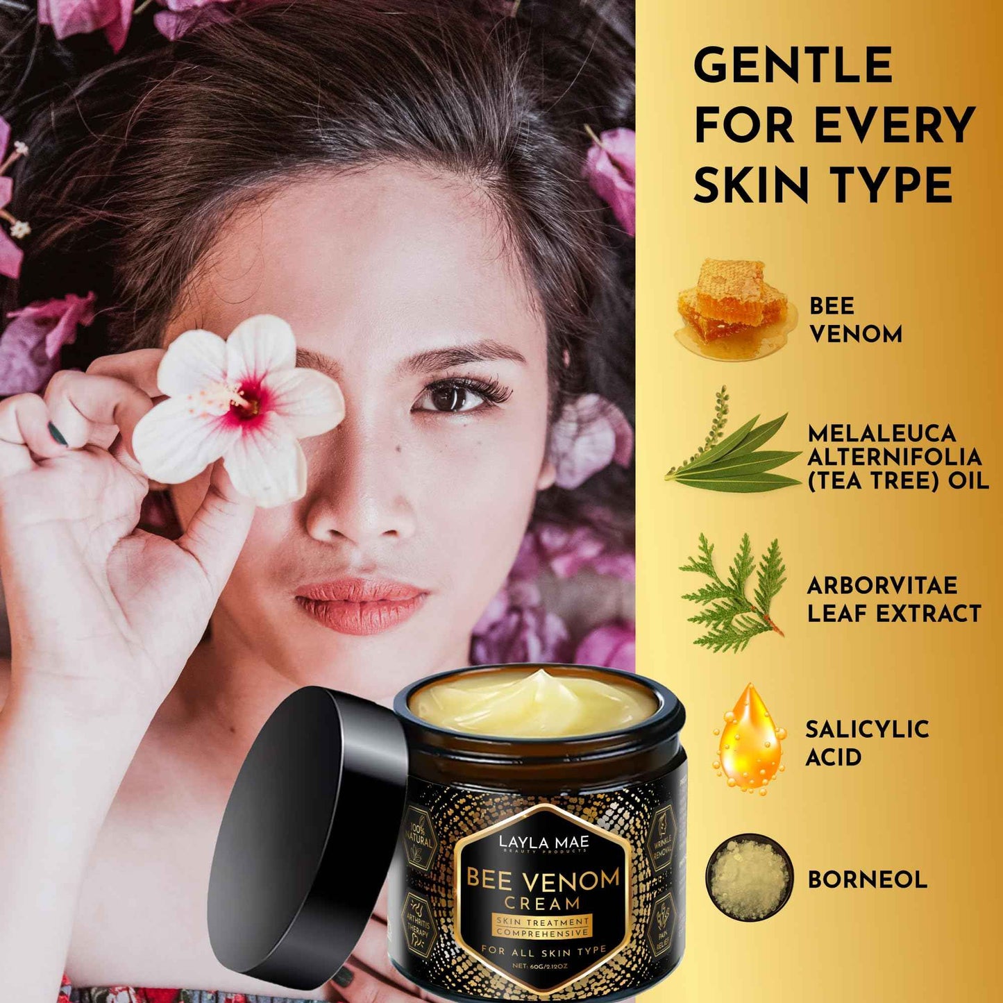 Layla Mae Bee Venom Skin Treatment Cream - Wrinkle Care Face Lift & Firming Muscle & Joint Wellness Body Pain Support Cream - Natural Care for Skin Imperfection