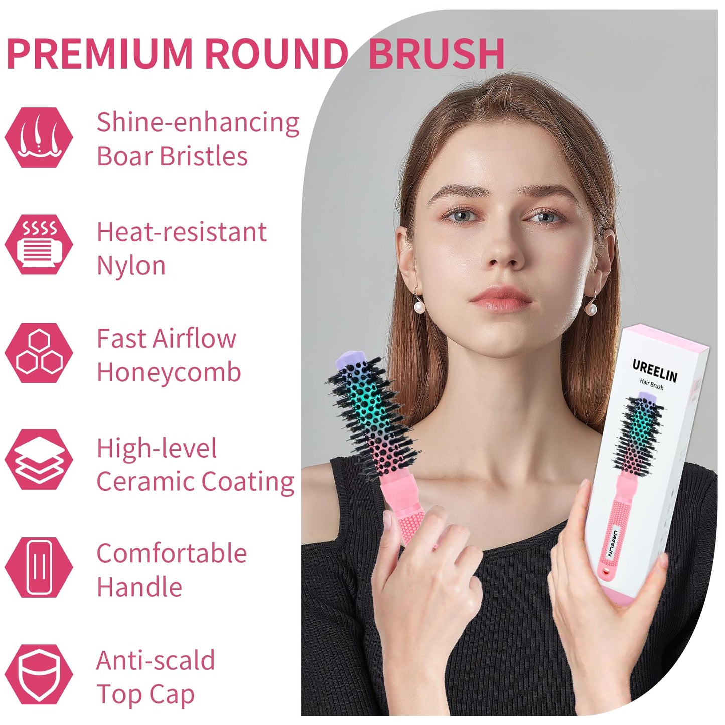 UREELIN Round Brush for Blow Out - 1.0 Inch Small Nano Thermal Ceramic & Ionic with Boar Bristles - Salon Blow Drying Hair Brush for Drying,Volumizing, Curling, Shine & Smooth Styling