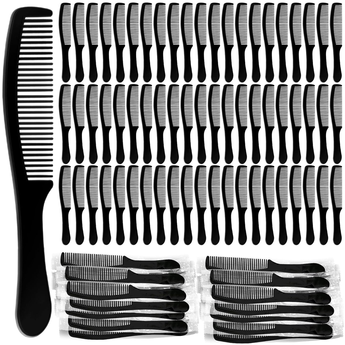 Long Handle Plastic Combs - Individually Wrapped Disposable Combs for Travel, Nursing & Charity | Black, 300 Pack