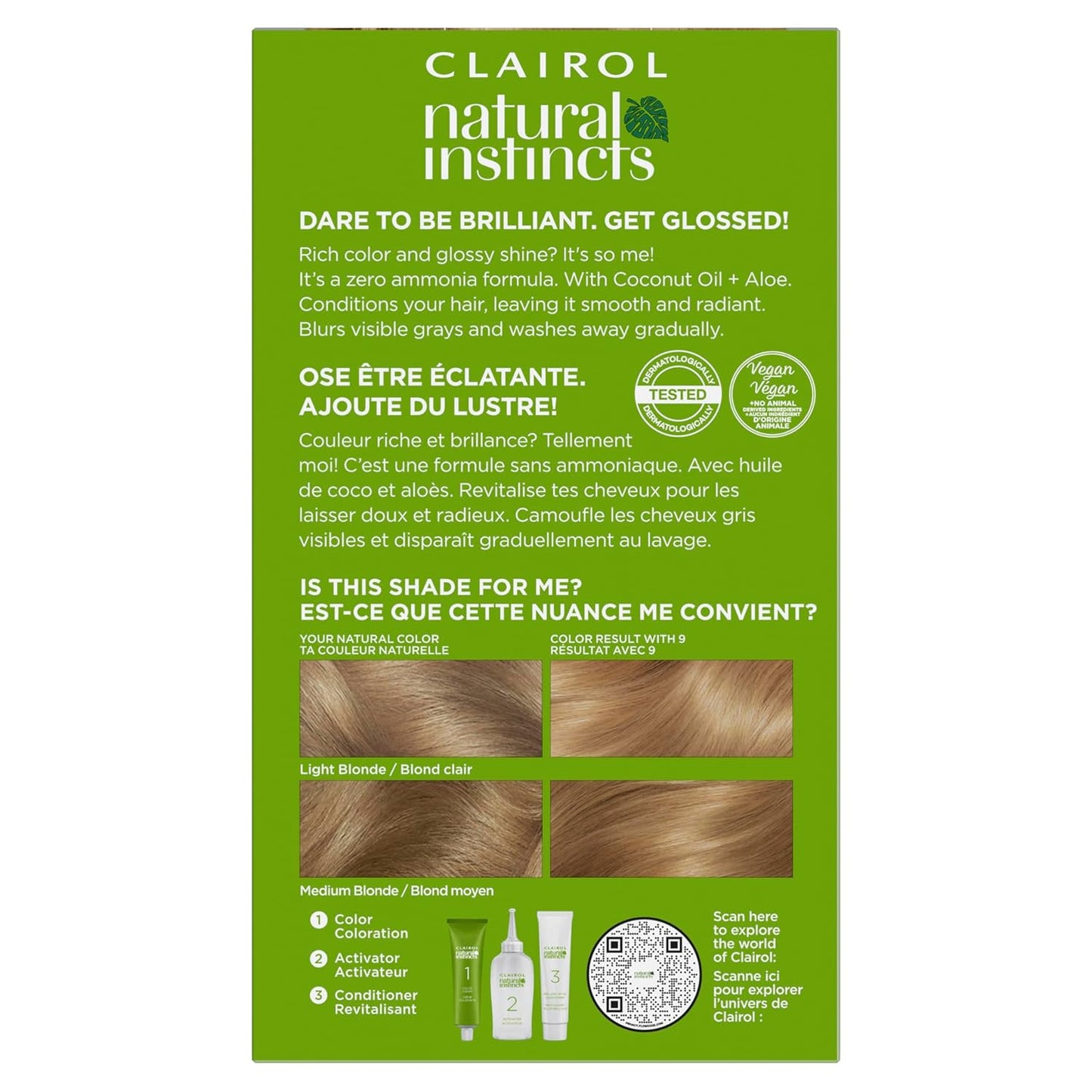 Clairol Natural Instincts Demi-Permanent Hair Dye - 9 Light Blonde | Ammonia-Free Vegan Formula with Coconut Oil & Aloe Vera | Pack of 3