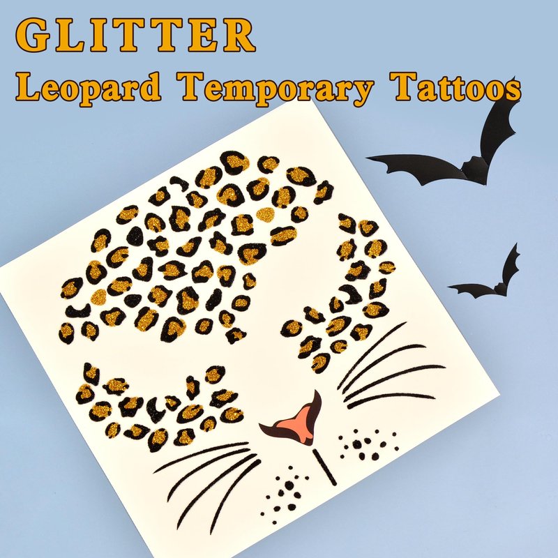 Leopard Face Tattoos, Glitter Cheetah Cat Leopard Tattoos Face Stickers, Cheetah Costume for Adult Women, Halloween Animal Costume Stickers Party Supplies