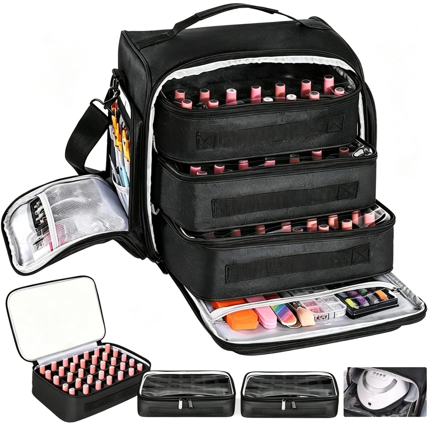 YUYAFN Nail Polish Organizer Holds 105 Bottles, Extra Large Capacity with 3 Removable, Pouches Portable Manicurist Travel Bag for Manicure Tools, Nail Lamp