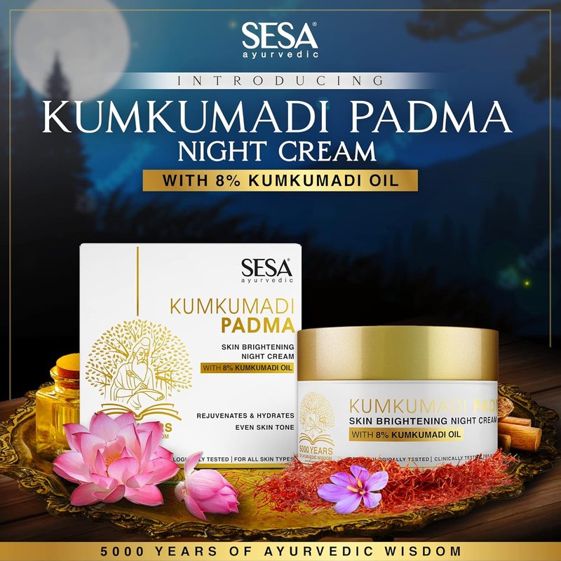 Kumkumadi Padma Night Cream - Skin Brightening, Anti-Aging Formula | Reduces Fine Lines & Wrinkles | 50g (1.69 Oz)