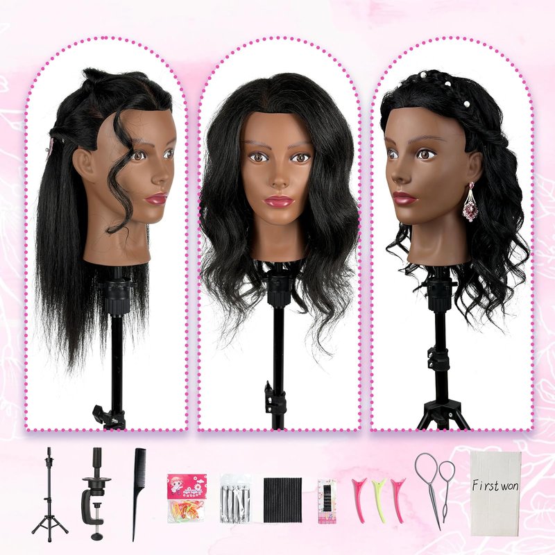 Mannequin Head Human Hair with 100% Real Hair Cosmetology Manikin Doll Head for Hair Styling 18" Mannequin Head for Braiding with Tripod Stand and Tools (Natural Black)