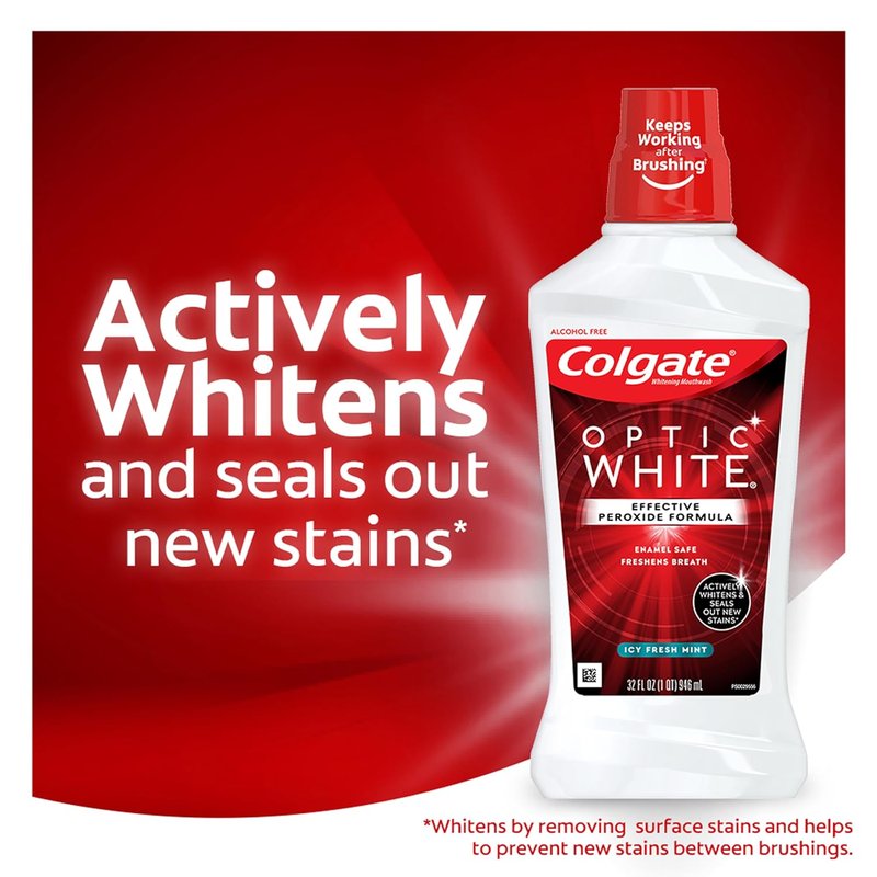 Colgate Optic White Whitening Mouthwash - Alcohol-Free Icy Fresh Mint | 16 Fl Oz (6 Pack)