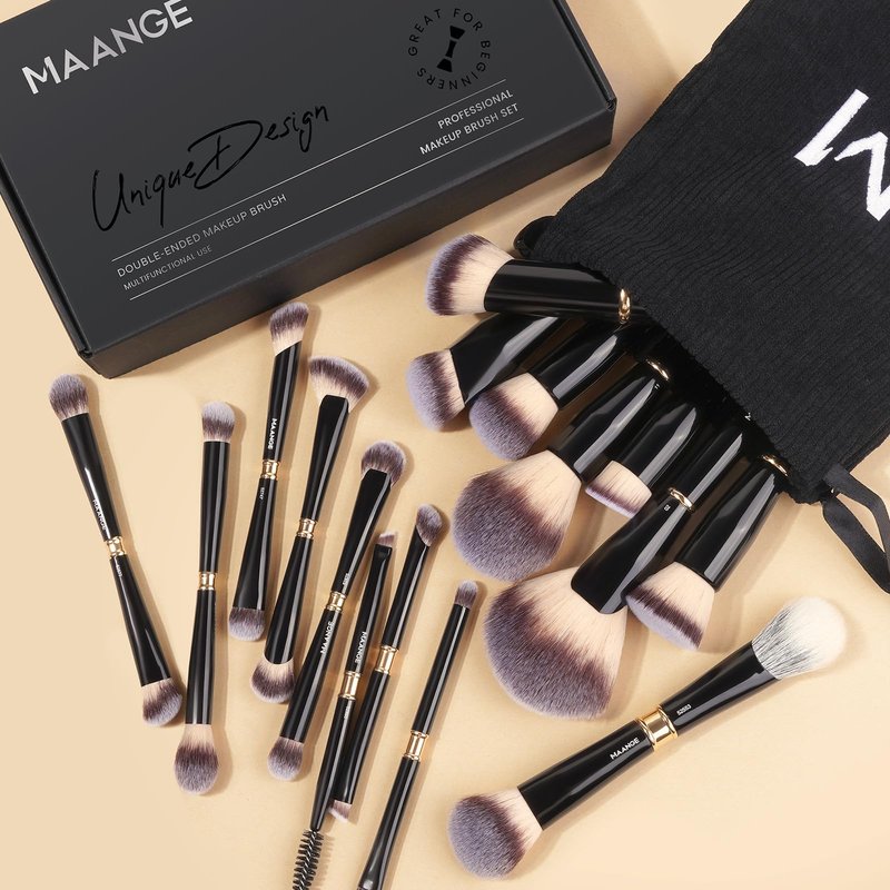MAANGE Makeup Brushes 16Pcs Professional Foundation Powder Blush Contour Eyeshadows Double-End Makeup Brushes Set with Bag and Gift Box-Black
