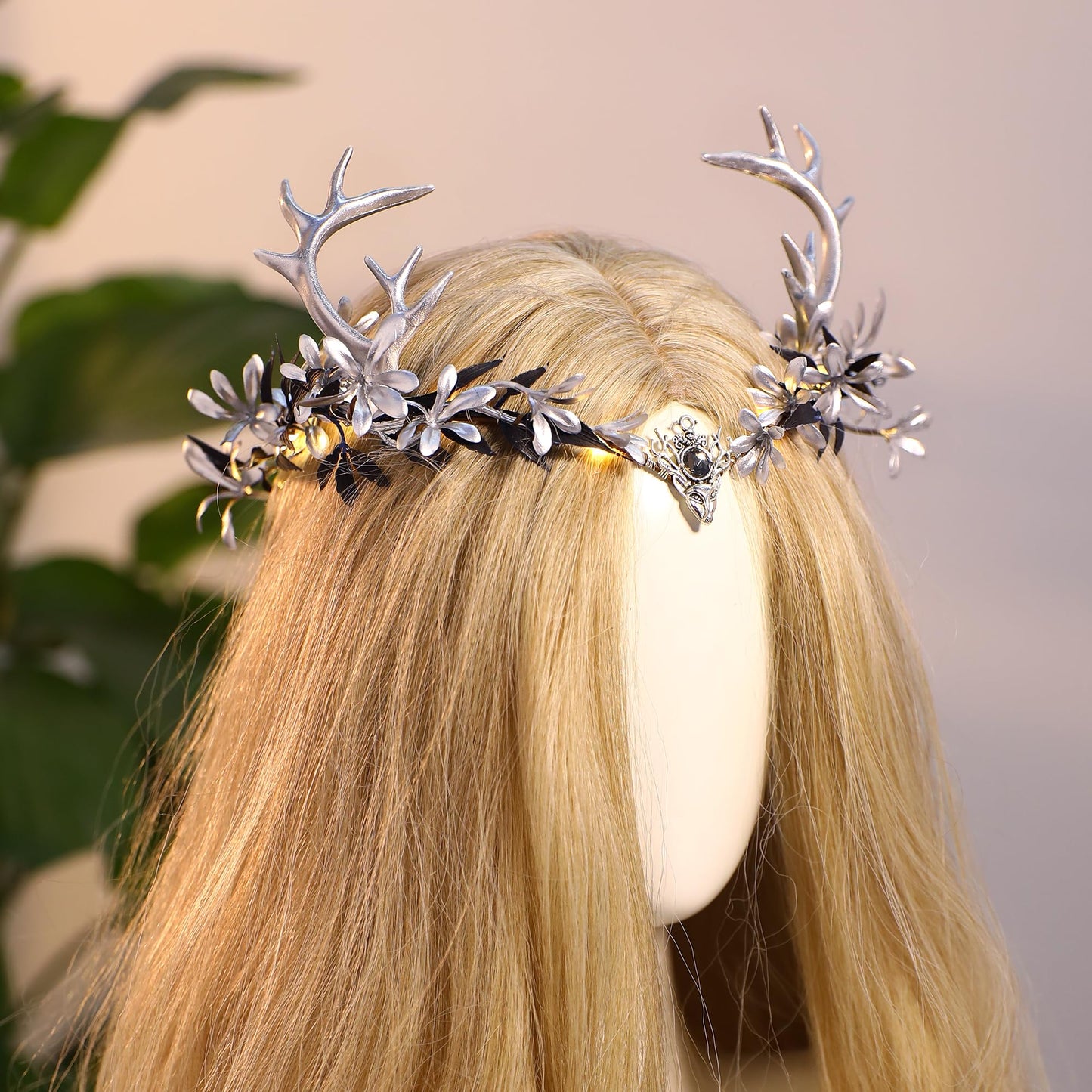 MOSTORY Light up Fairy Crown - Silver Antler Crown Flower Heapiece Elf Floral Circlet Woodland Headband for Women Halloween Outfit Renaissance Ren Faire Cosplay Photo Shoot