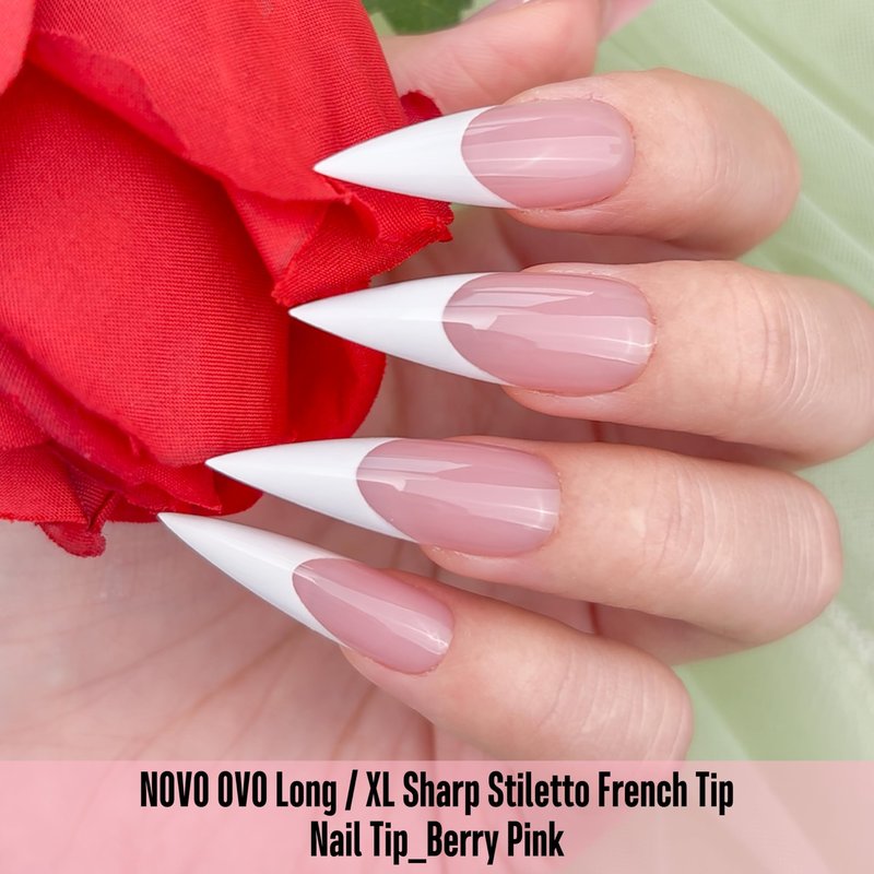 NOVO OVO White French Tip Long XL Sharp Stiletto Nail Tips Press on BERRY PINK, Soft Gel Double Matte Fake Nail Extension, Full Cover False Nails for Acrylic DIY x 16 Sizes 160 pcs