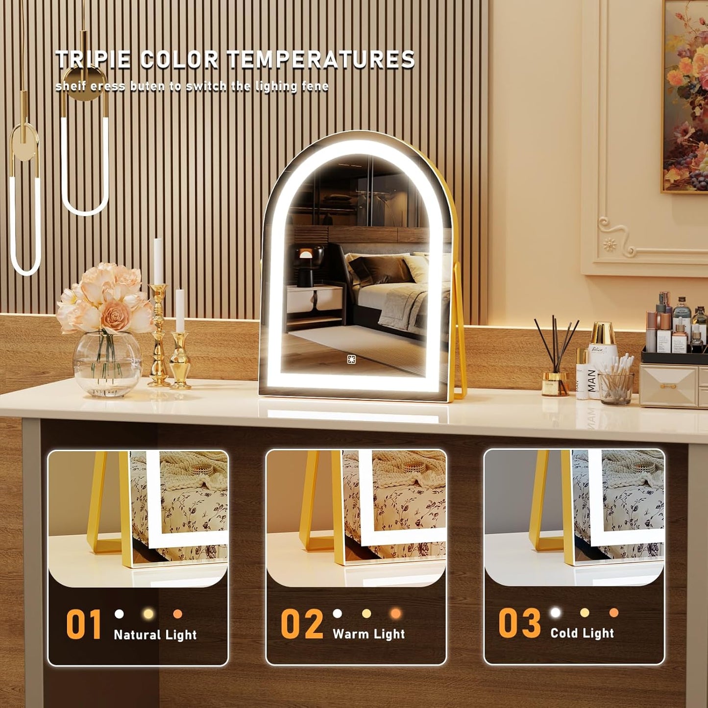 Vanity Mirror with Lights - 16" LED Makeup Mirror | Smart Touch Control, 3 Color Dimmable, 360° Rotation, Gold