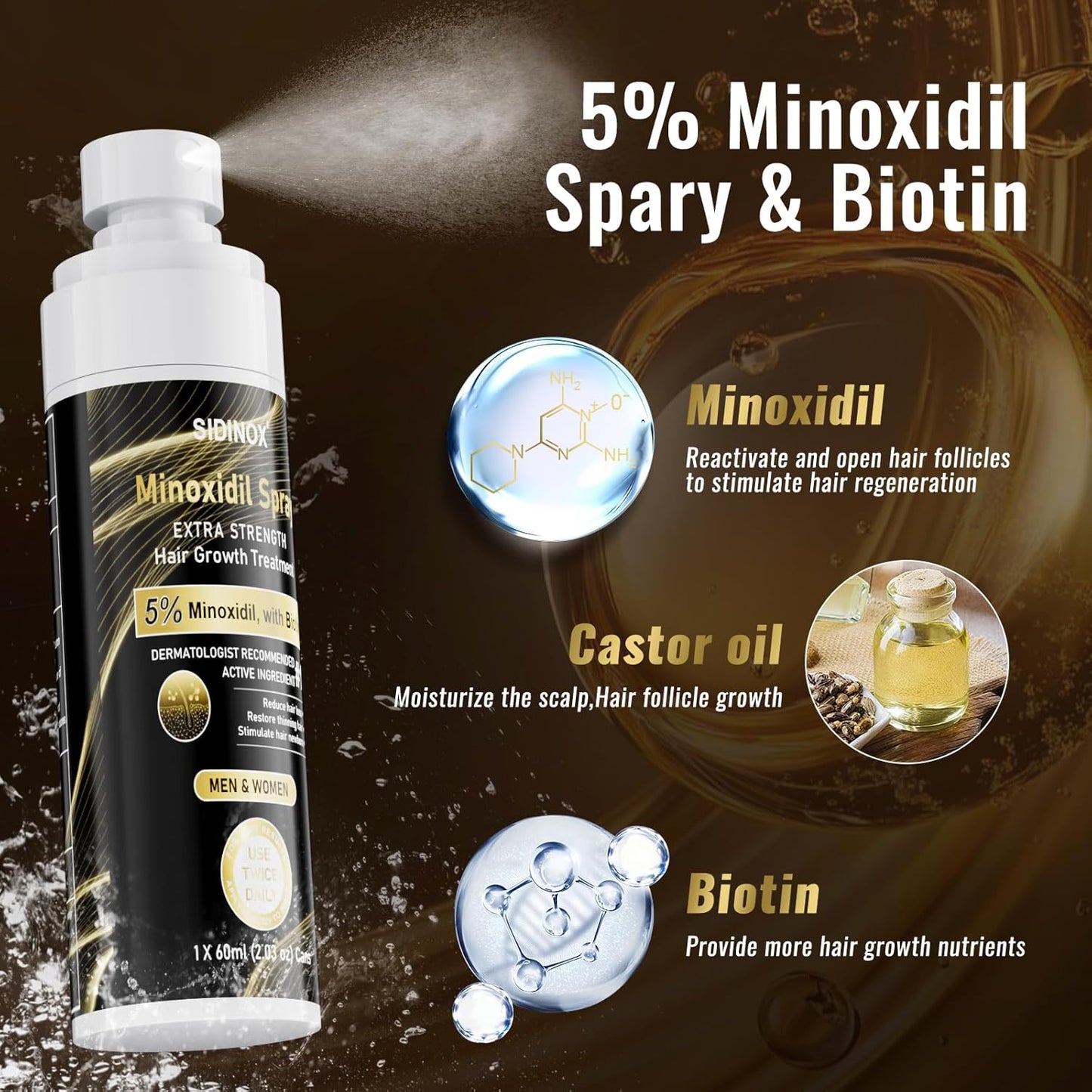 Minoxidil Spray for Hair Growth - Extra Strength 5% Formula with Biotin & Castor Oil | 4-Month Supply (4 Pack, 8.12 oz)