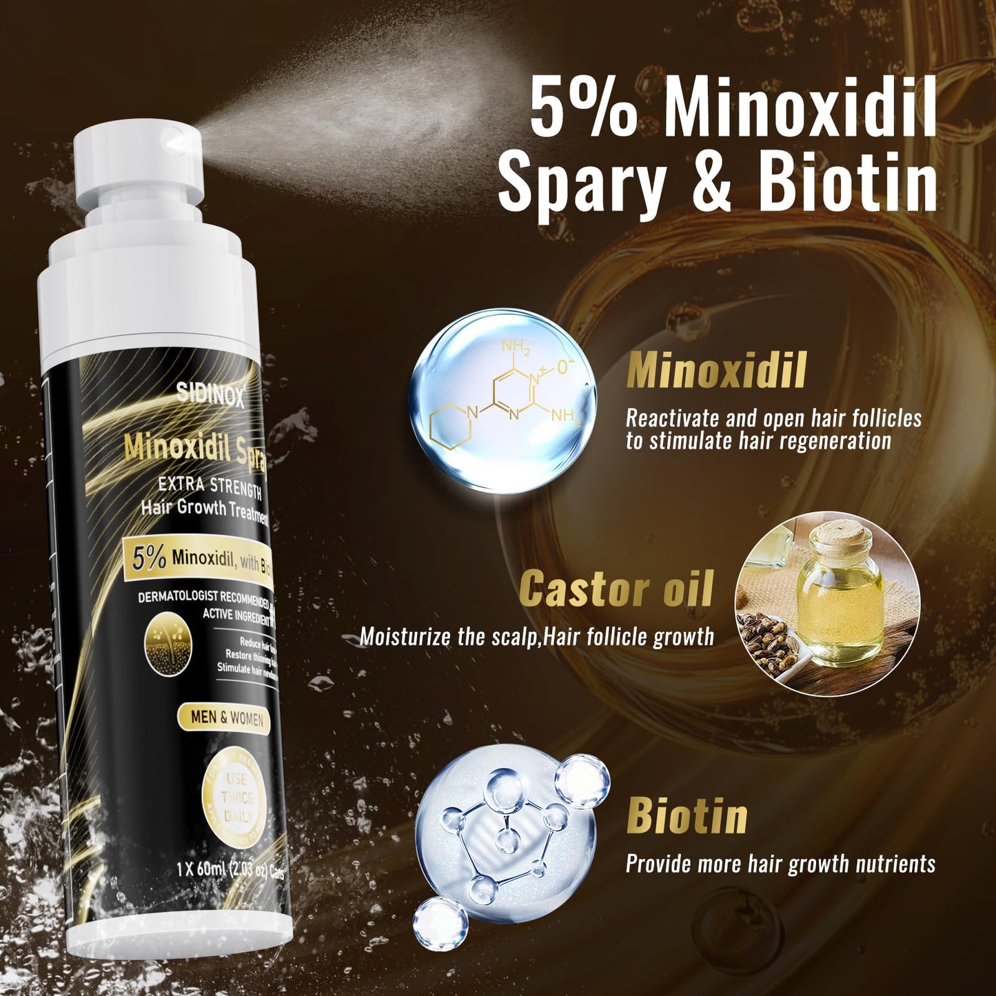5% Minoxidil Spray for Men & Women (4 Month Supply)-Extra Strength Hair Growth Spray with Biotin & Castor Oil,Clinically Proven for Thinning Hair & Beard Regrowth, Non-Greasy Formula 4 pack（8.12 oz)