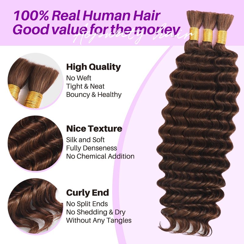 Human Braiding Hair for Boho Braids, Deep Wave Bulk Boho Braids Human Hair for Knotless Curly Bohemian Water Wave Boho Hair for Braiding 110g 16 Inch Natural Color (3 No Weft Bundles/Pack)