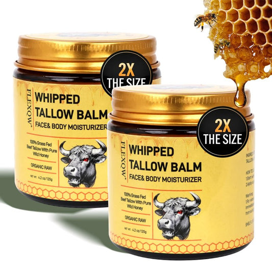 FLEXQW Organic Raw Whipped Tallow Balm | 7X Moisturizing Grass Fed Beef Tallow Face & Body Moisturizer with Wild Honey, Beeswax | Skin Repair for Dry Sensitive Skin, Hands & Feet | 4.2 oz/120g 2Pack