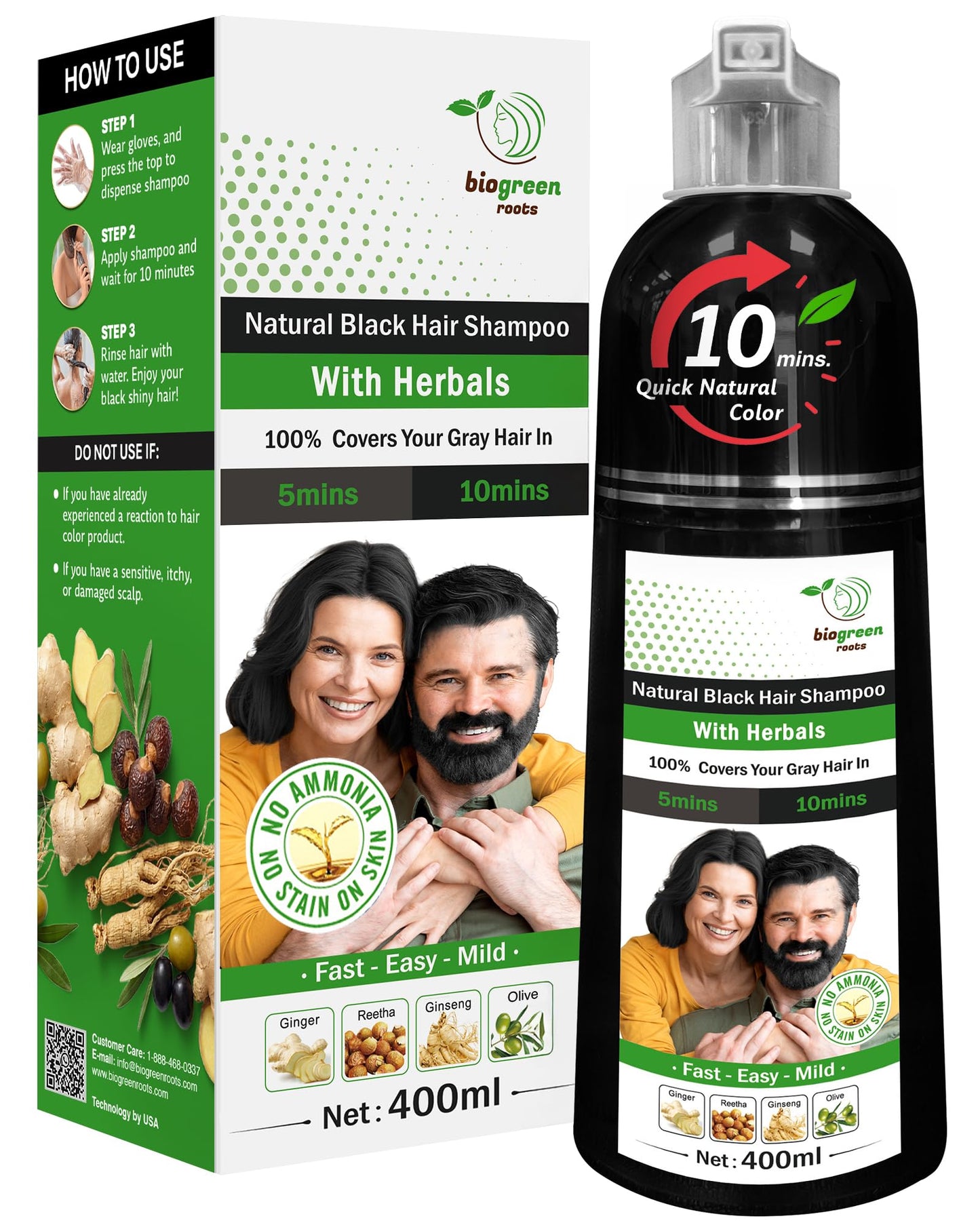 BIOGREEN ROOTS Ammonia-Free & Paraben Free Herbal Hair Shampoo - Hair Dye Shampoo for Women & Men - Natural Color & Herbal Nourishment - No Stain on Skin - Natural Black (400 ml)