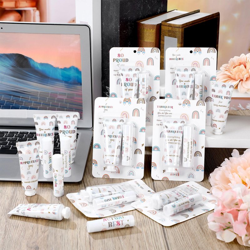 Loopeer 36 Set/ 72 Pcs End of Year Teacher Employee Appreciation Gift Bulk Boho Rainbow Lip Balm Hand Cream Lotion Set Small Staff Team Thank You Gifts Party Favors for Women Employee Coworker