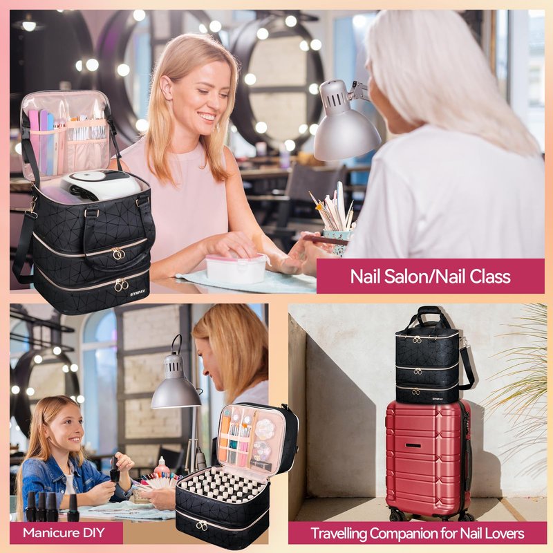 SIYNPAV Nail Polish Organizer Bag Holds 126 Bottles (15ml/0.5fl.oz)& Nail Lamp, 3 Layers Detachable Nail Kit Storage Case PU Leather, Large Travel Nail Supplies Shoulder Bag for Manicure Tools (Black)