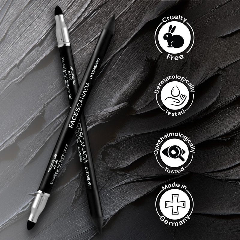 FACESCANADA Ultime Pro Intense Gel Black Eye Pencil | with Smudger & Sharpener | 24HR Long Lasting | Waterproof & Smudge Proof | One Swipe Smooth Glide | 0.04 Oz/1.2g