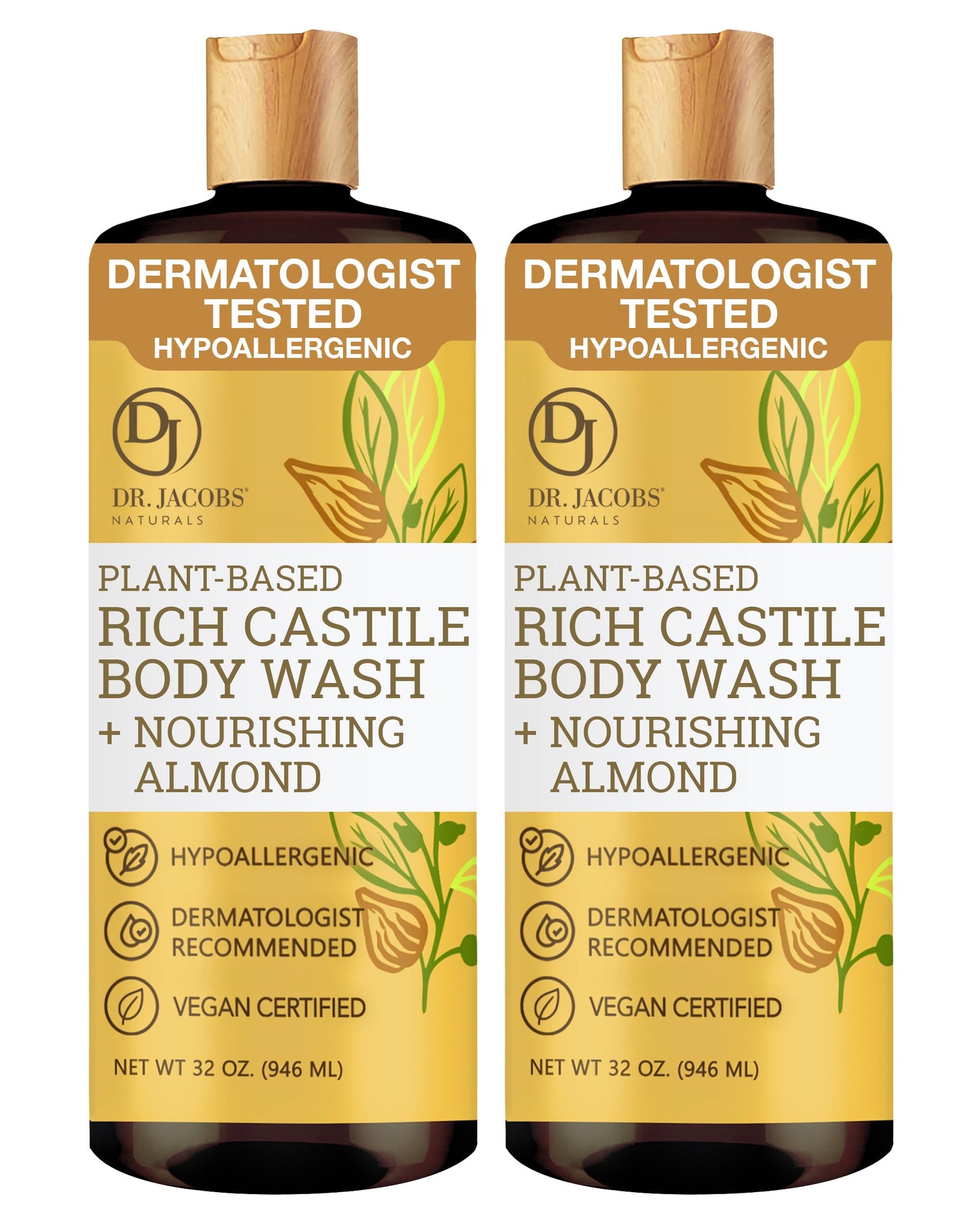 Dr. Jacobs Naturals Pure Castile Soap Liquid Body Wash, Almond - Plant Based Castile Soap Infused with Vitamin E and Aloe Vera to Moisturize Dry and Sensitive Skin - Made in The USA - 32 oz, Pack of 2