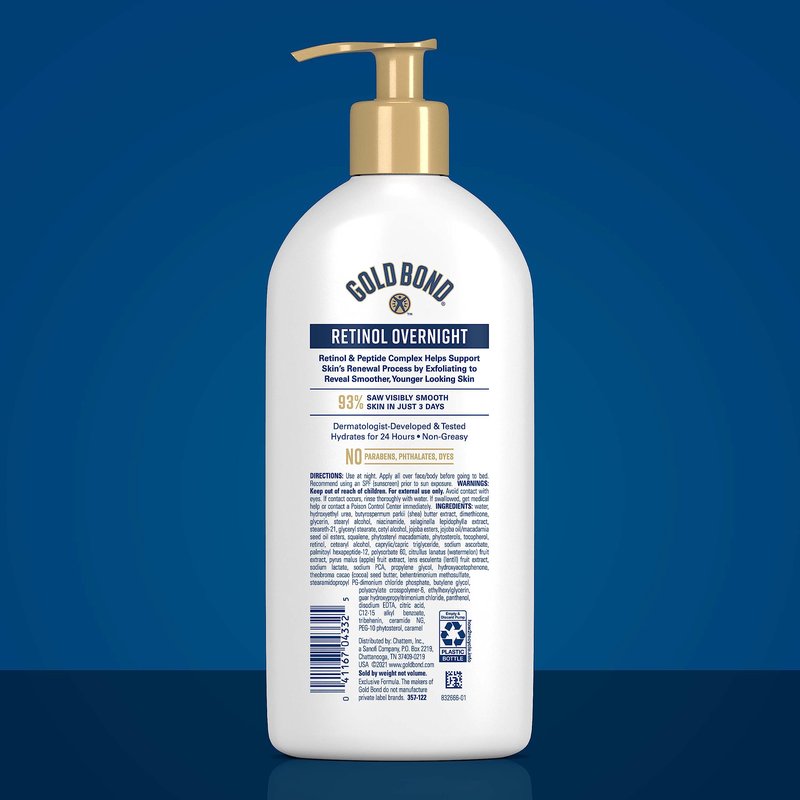 Gold Bond Age Renew Retinol Overnight Body & Face Lotion, 13 Oz, Anti-Aging Moisturizer for Visibly Plumper, Smoother Skin, 24-HR Hydration, Non-Irritating, Non-Greasy, Dermatologist-Tested, Unscented