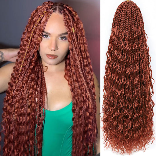 Miuric Boho Box Braids Crochet Hair for Black Women 24 Inch 7 Packs Goddess Box Braids Crochet Hair Pre-Looped with Curly Ends Reddish Brown Bohemian Synthetic Briading Hair Extensions