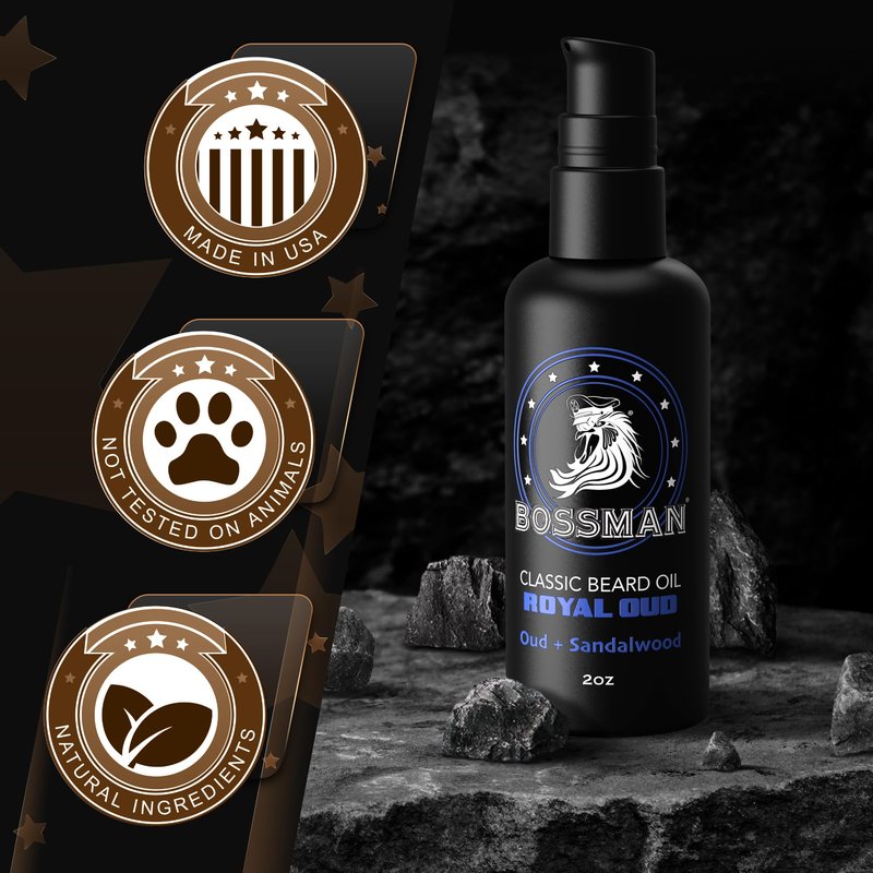 Bossman Organic Mustache & Beard Oil for Men, 2 oz – Natural Beard Moisturizer with Jojoba, Argan & Avocado Oils (Royal Oud Scent)