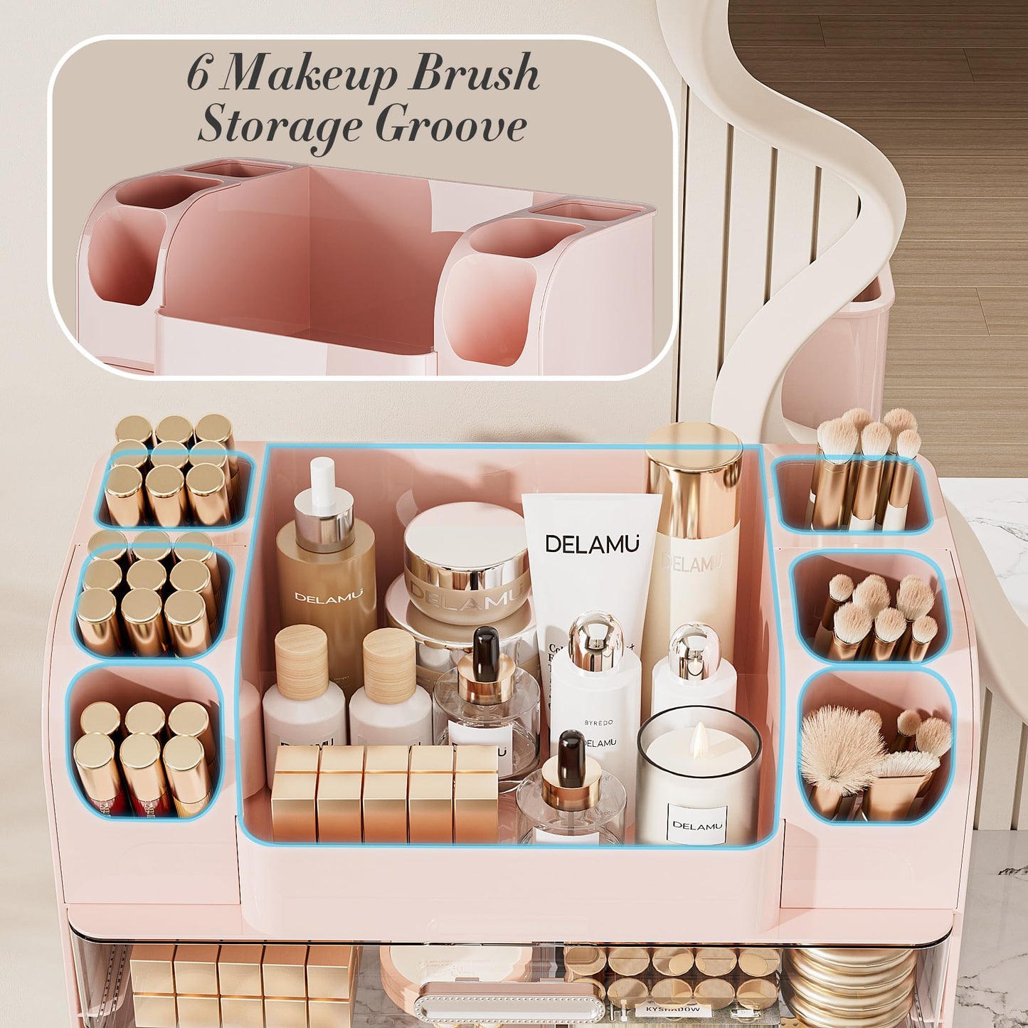 Delamu Large Makeup Organizer Countertop with 6 Brush Holders, Makeup Organizers for Vanity with 2 Large Drawers, Easy to Store Skincare, Lipsticks, Nail Polishes, Perfumes, Eyeshadow Palettes, Pink