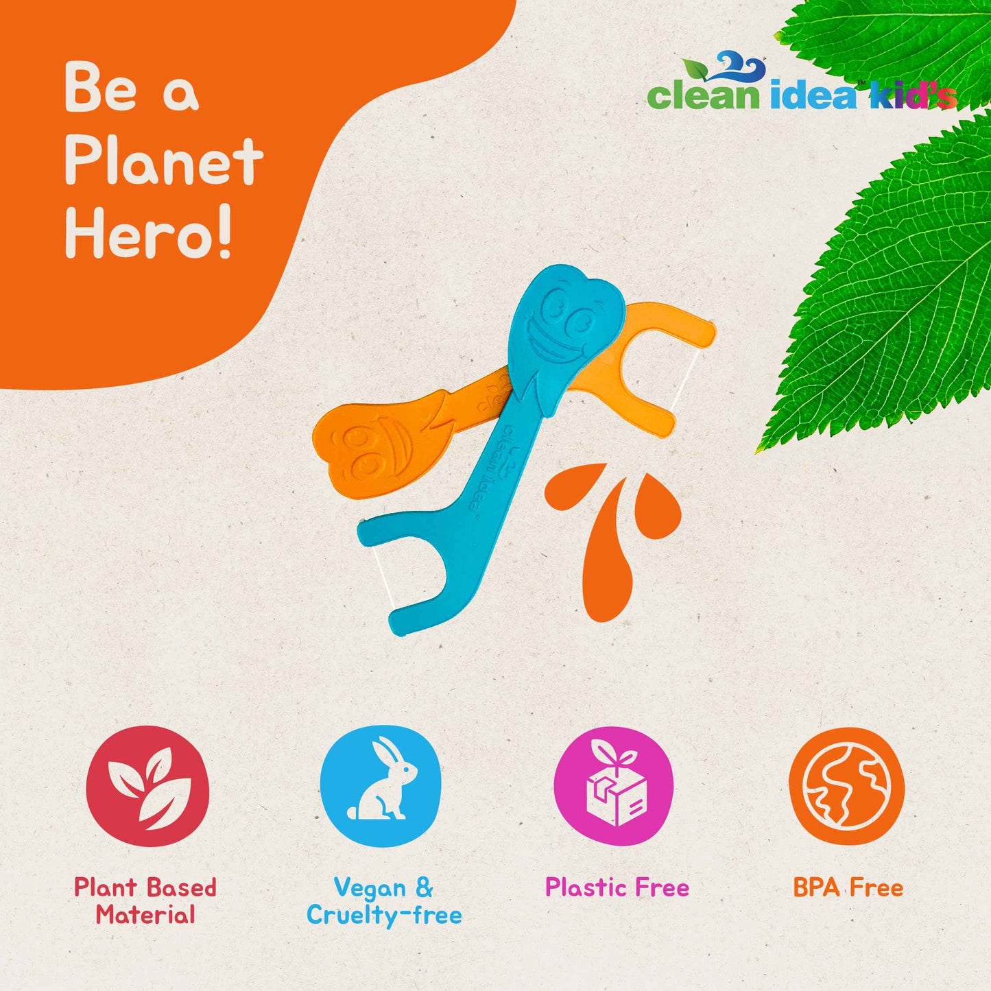 Clean Idea Kids EcoFlossers 200ct, Easy to Hold Kids Flossers, Fun & Colorful Kid Flossers, Natural Kid Floss, Plastic Free Biodegradable Floss Picks, Toddler Flosser Stick