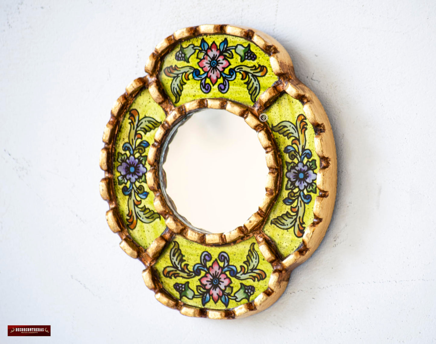 DecorContreras Small Oval Wall Mirror for Home Decor - Handmade Reverse Painted Glass Mirror with Frame Bronze Leaf from Peru