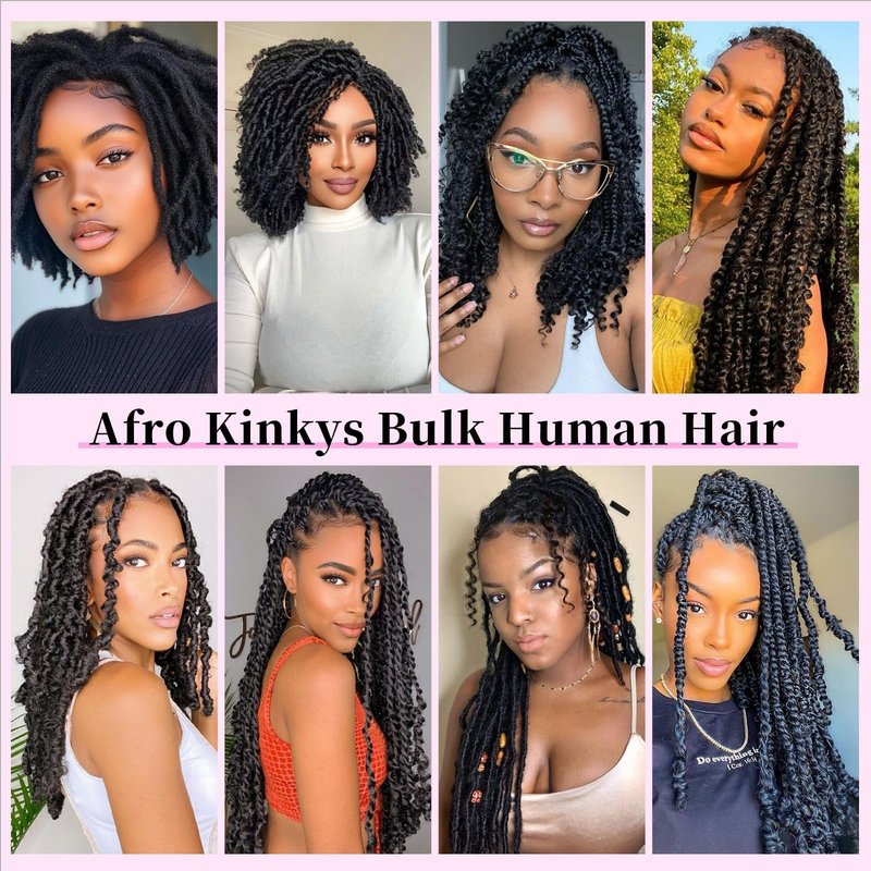 Geogroket Afro Kinkys Bulk Human Hair 30g/Pack for Mini Twist, Braiding Hair for Dreadlocks, Loc Repair, Twists, Dreadlock Extensions No Short Hair 18 Inch Natural Black