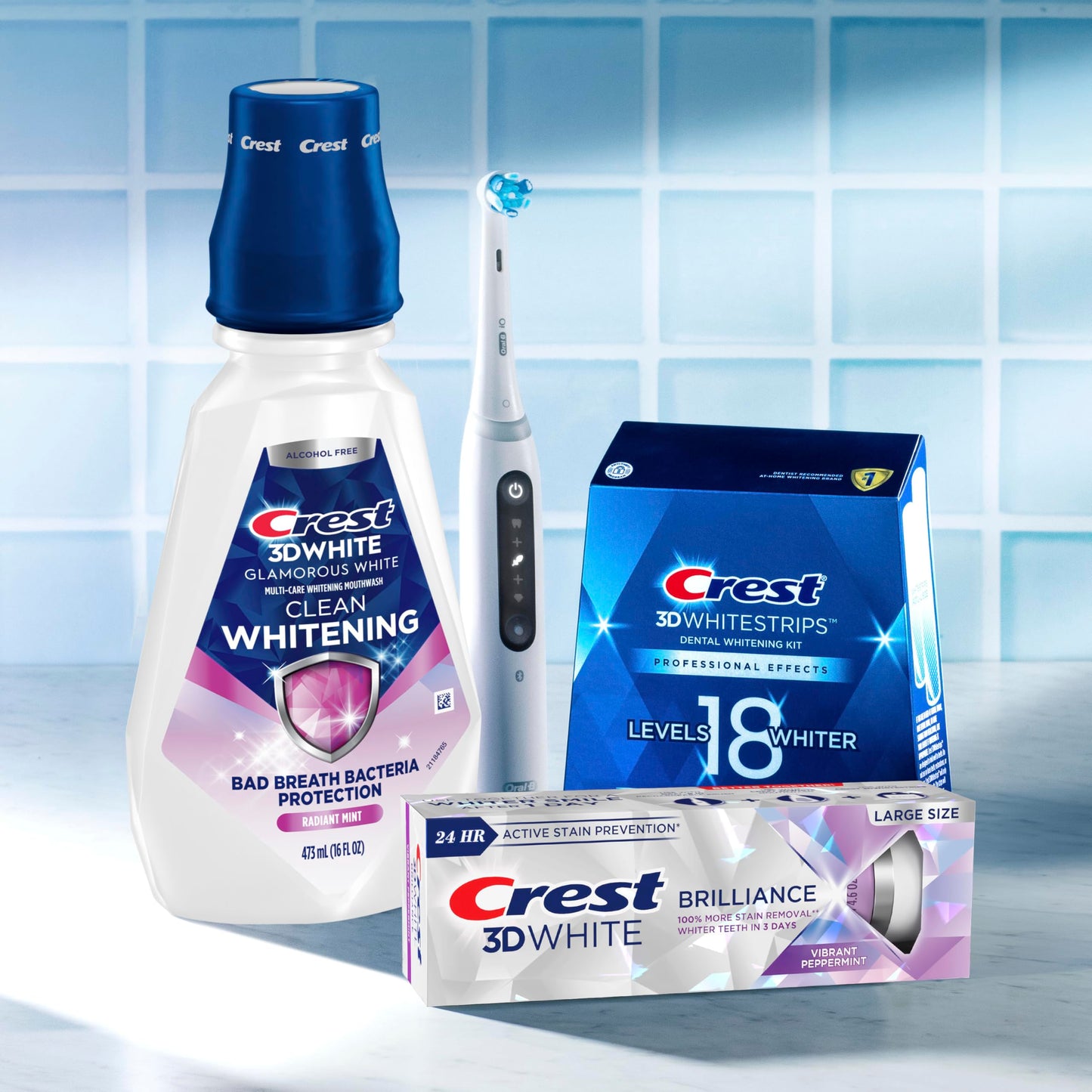 Crest 3D White Glamorous White Alcohol Free Multi-Care Whitening Mouthwash, Hydrogen Peroxide Mouthwash, Arctic Mint, 16 fl oz (473 mL) - Pack of 4, Crest Mouthwash