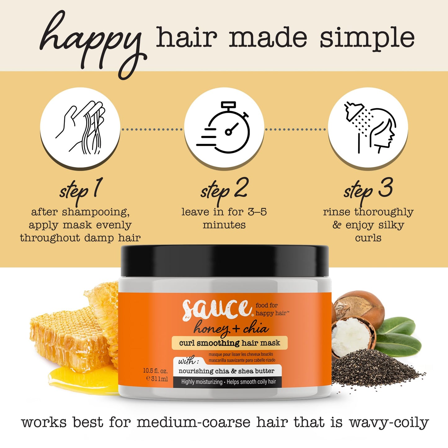 SAUCE Hair Mask, Honey Chia Smoothing Curl Mask (10.5 FL Oz) Frizz Control & Deep Conditioning with Shea Butter, Curly & Coily Hair, No Parabens & Sulfates